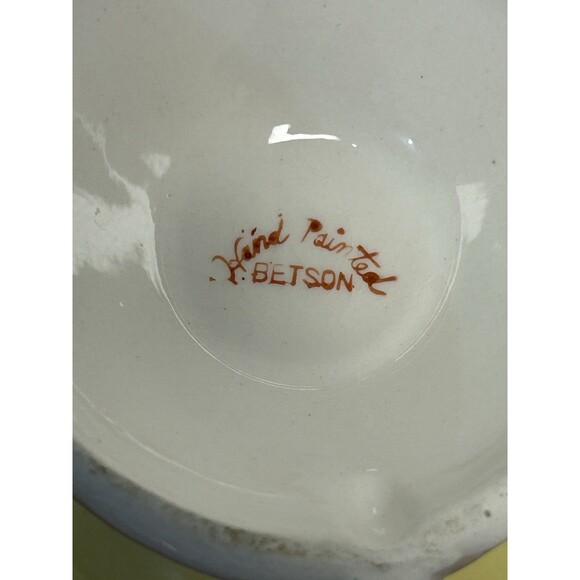 Vintage Betson Hand Painted Porcelain Lidded Box Bird & Flowers Yellow Pink Gold - Picture 9 of 10